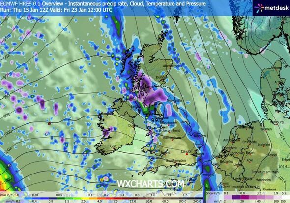 A meteorological map displaying various weather systems over a region. The map features a combination of colors, including shade