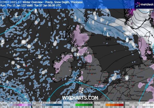 An abstract satellite image displaying a complex pattern of colors, including shades of blue, black, and pink, suggesting variou