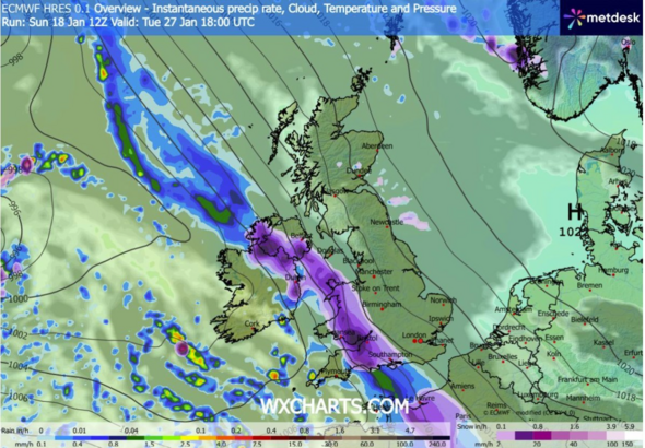 WX Charts map for January 27 showing snow