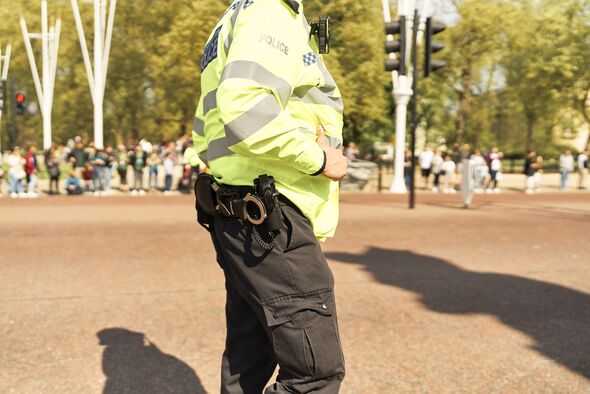 Police officer standing guard on a London street