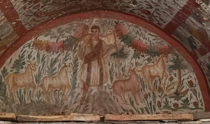 A fresco inside a third century tomb in Nicaea where a rare early Christian depiction of Jesus as the “Good Shepherd” was discovered in Iznik, Turkey. 