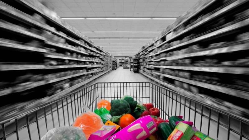 A shopping cart full of food heads down a grocery store aisle. | Illustration: Eddie Marshall | Midjourney