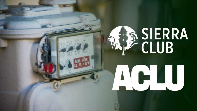 The logos for the Sierra Club and the ACLU, alongside a natural gas canister | Illustration: Ognian Setchanov/Dreamstime/Wikimedia Commons
