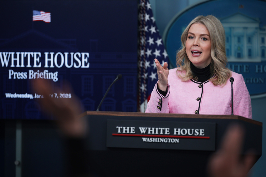 White House press secretary Karoline Leavitt takes questions during a news briefing in the James S. Brady Press Briefing Room of the White House on Jan. 7, 2026, in Washington, D.C. 
