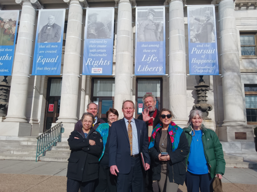 Pro-life activists who had all charges dropped in connection with a Red Rose Rescue they conducted pose with their lawyer outside the Delaware County Courthouse in Media, Pennsylvania, Jan. 12, 2026. From left to right: Monica Miller, Will Goodman, Christy-Anne Collins, attorney Martin Cannon, Eric Holmberg, Patrice Woodworth and Joan Andrews Bell. 