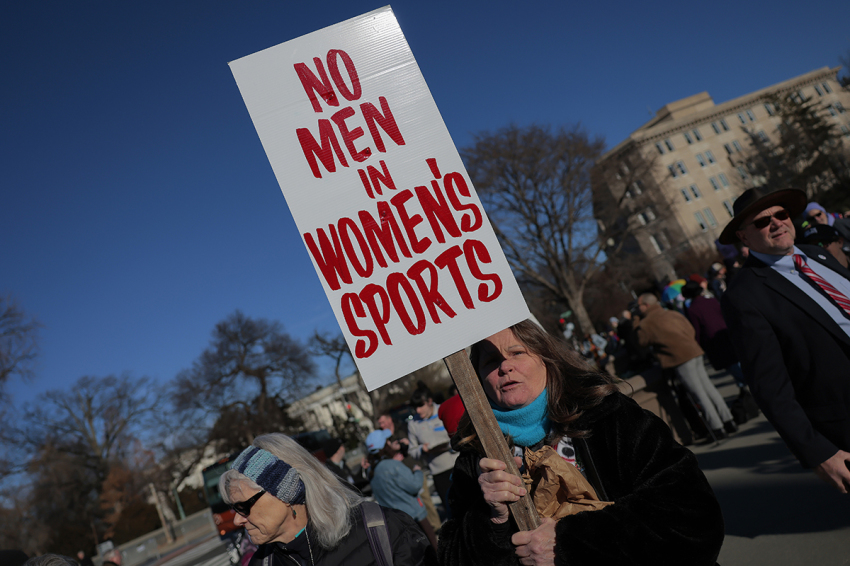 A protester against trans-identified male athletes competing in women's sports gathers outside the Supreme Court on Jan. 13, 2026, in Washington, D.C. Groups from both sides of the debate gathered on Tuesday morning to protest while two cases that prohibit trans-identified males from competing in girls' and women's sports teams are heard inside the Supreme Court. 
