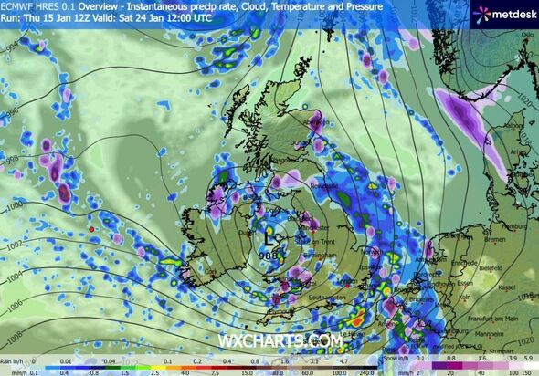 An abstract meteorological map displaying various colors representing different weather conditions and patterns across a geograp
