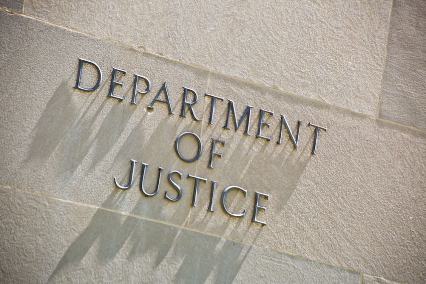 The entrance sign for the United States Department of Justice Building in Washington, D.C. 