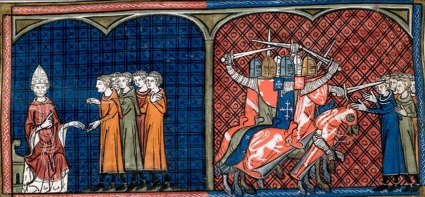 A 14th century depiction of Pope Innocent III (1161-1216) excommunicating the Albigensians and a group of Crusader knights attacking the Albigensians. 