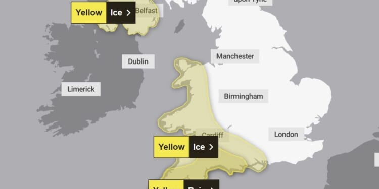 Met Office issues three yellow warnings as temperatures plunge to -2C