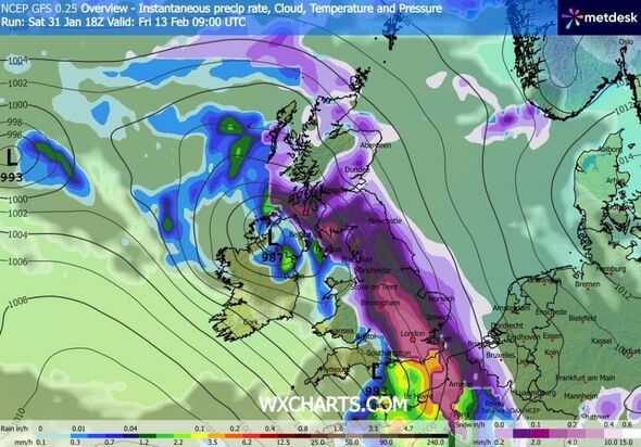 A weather map displaying various regions with different colored patterns indicating distinct weather conditions and atmospheric 