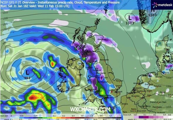 A meteorological satellite image displays a complex weather pattern over a continental region. Various colors represent differen