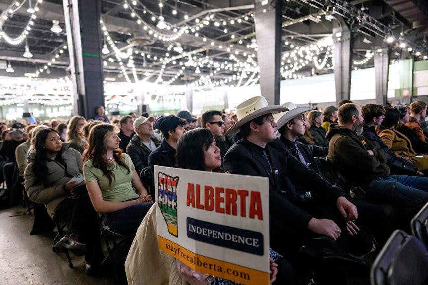 Attendees during the Alberta Independence Town Hall event in Calgary, Alberta, Canada, on Monday, Jan. 26, 2026. A petition has been started by separatist activists in Alberta for a referendum on independence from Canada, driven in part by a belief that the government in Ottawa hasn't done enough to accelerate projects to expand oil production, such as new pipelines. Photographer: Leah Hennel/Bloomberg via Getty Images