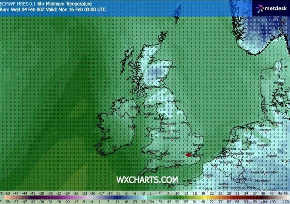 Temperatures across the UK shown on a map on February 16
