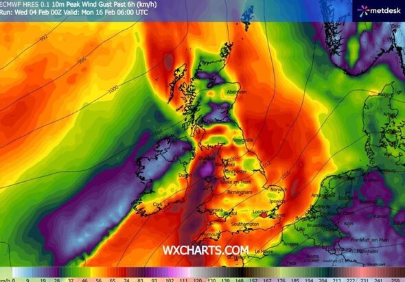 Wind map of the UK shows strong gusts on February 16