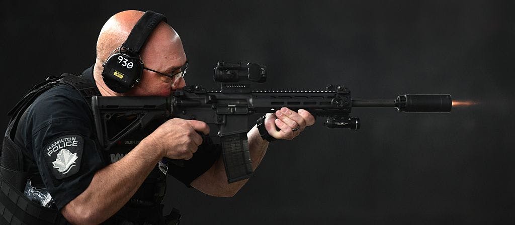 HAMILTON,ON Oct 9,2025- Sgt. Massimo Guiliani, a use of force instructor with expertise in firearms on the Hamilton Police shooting range .Cathie Coward/ The Hamilton Spectator / Nicole O story (Cathie Coward/Toronto Star via Getty Images)