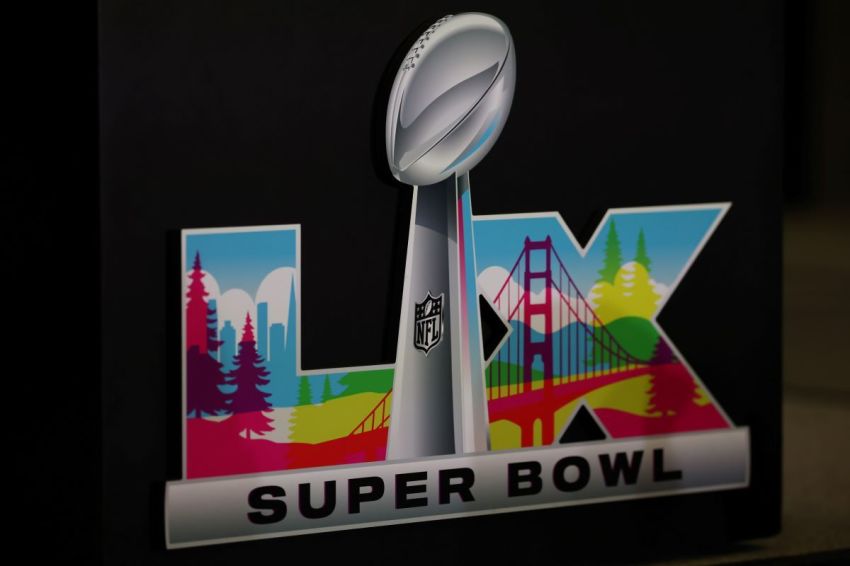 A detailed view of the Super Bowl LX logo during Opening Night at San Jose McEnery Convention Center on February 02, 2026, in San Jose, California. 