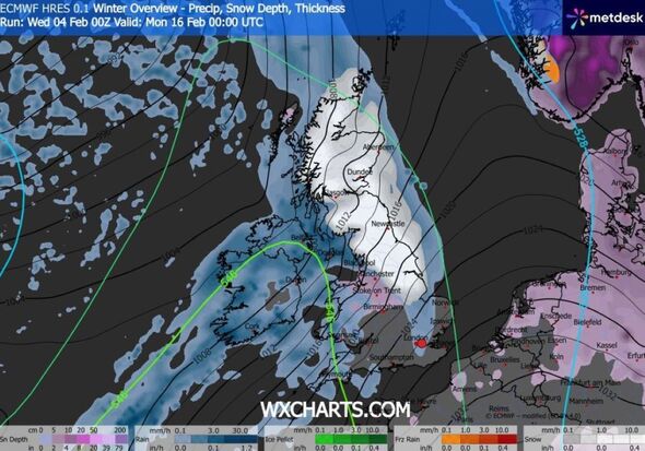 Snow map of the UK on February 16