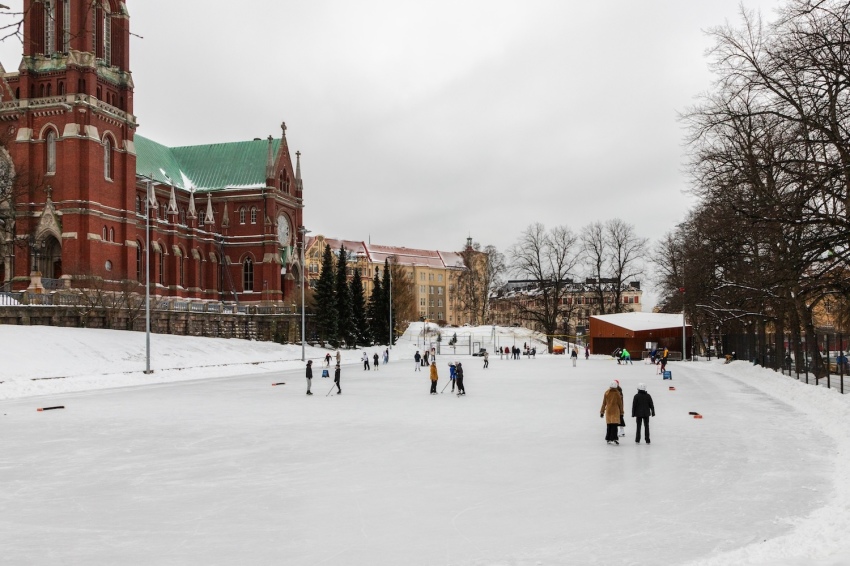 Kids skate on an outdoor rink in Helsinki, Finland.