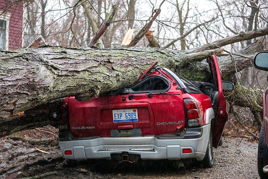 A Chevy Trailblazer SUV is seen crushed by a falling tree that was uprooted by a tornado that hit several cities in rural southwest Michigan on March 7, 2026 in Union City, Michigan.