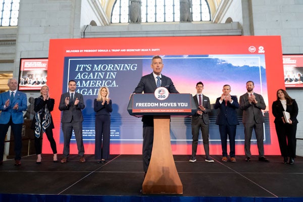 National and local leaders joined Transportation Secretary Sean Duffy at Union Station in Washington, D.C. (Erin Granzow for The Daily Signal)