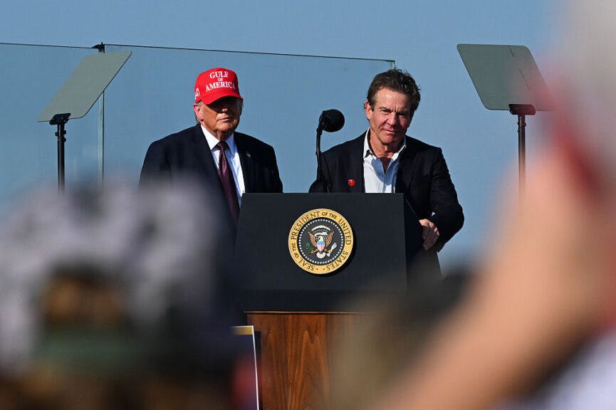 CORPUS CHRISTI, TEXAS - FEBRUARY 27: Actor Dennis Quaid (R) joins U.S. President Donald Trump as he speaks at the Port of Corpus Christi on February 27, 2026 in Corpus Christi, Texas. Trump visited Texas to deliver remarks on affordability and economic issues less than a week before the state's midterm primary elections on March 3rd. (Photo by Roberto Schmidt/Getty Images)
