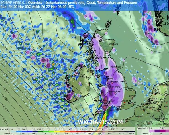 Weather map showing snow for March 27 at 6am Weather map showing snow for March 27 at 6am