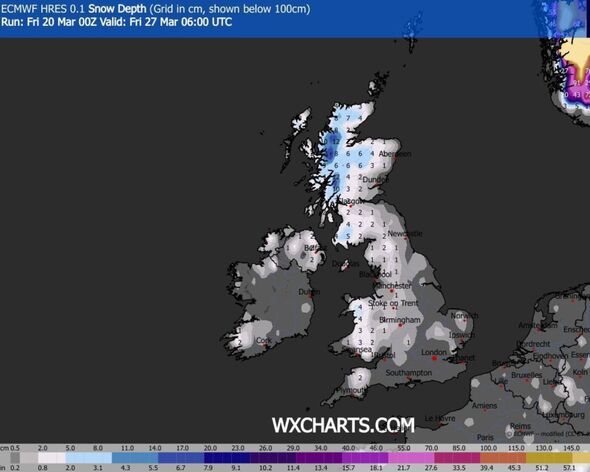Snow map for March 27 at 6am Snow map for March 27 at 6am
