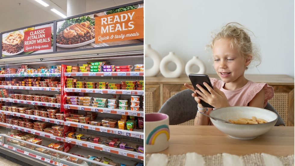 Ready meals, child on phone at dinner table