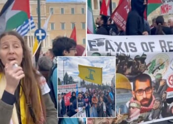 Greek protesters glorify 'Axis of Resistance' with banner featuring Hamas, Hezbollah and Houthis