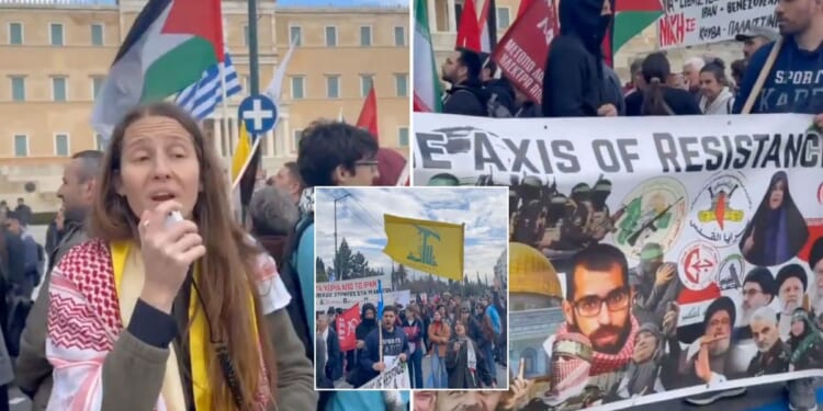 Greek protesters glorify 'Axis of Resistance' with banner featuring Hamas, Hezbollah and Houthis