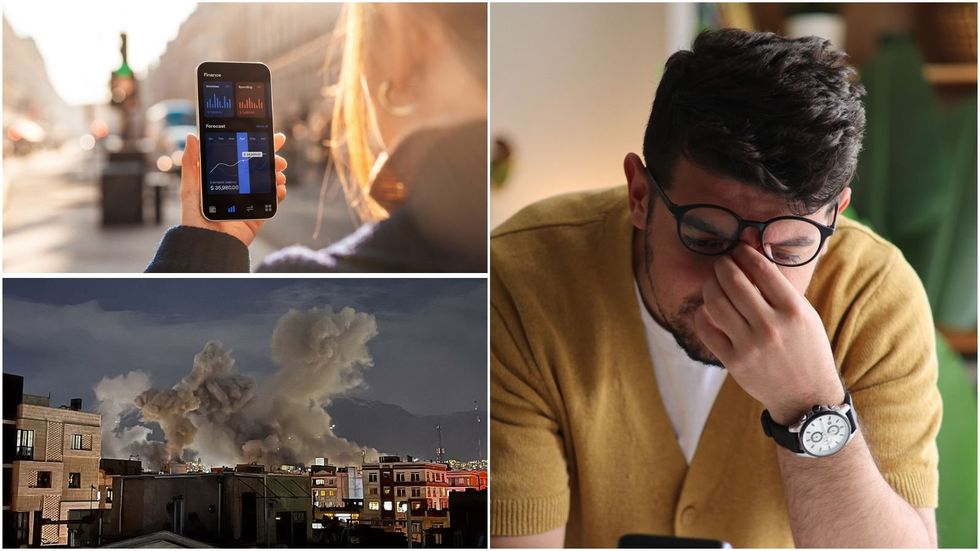 Man annoyed, banking app, drone strike in middle east