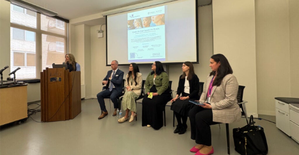 From left, “Billboard Chris” Elston, Paula Scanlan, Amie Ichikawa, Camille Kiefel, and Grace Melton participate in the CSFW panel titled “Gender Ideology: Injustice for Women.” 
