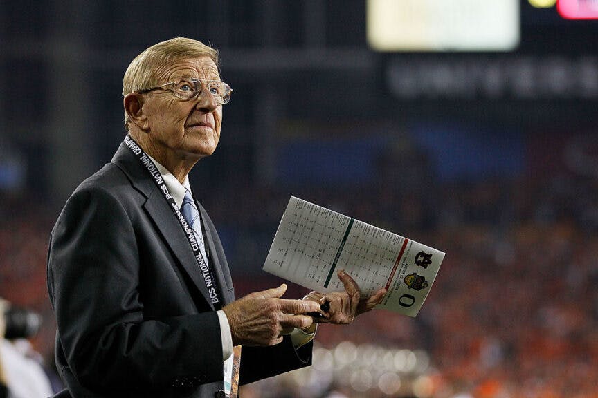 GLENDALE, AZ - JANUARY 10: ESPN reporter Lou Holtz looks on during the Tostitos BCS National Championship Game between the Oregon Ducks and the Auburn Tigers at University of Phoenix Stadium on January 10, 2011 in Glendale, Arizona. (Photo by Kevin C. Cox/Getty Images)