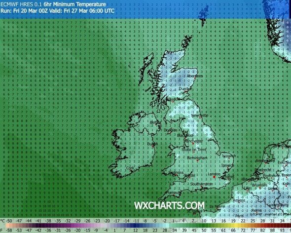UK weather map showing temperatures for March 27 at 6am UK weather map showing temperatures for March 27 at 6am