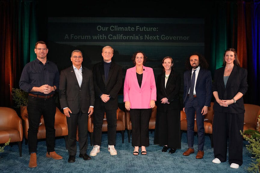 PASADENA, CALIFORNIA - JANUARY 28: (L-R) Eric Swalwell, Xavier Becerra, Tom Steyer, Katie Porter, Louise Bedsworth, Sammy Roth and Mary Creasman attend "Our Climate Future: A Forum with California's Next Governor" on January 28, 2026 in Pasadena, California. (Photo by Matei Horvath/Getty Images for California Environmental Voters)