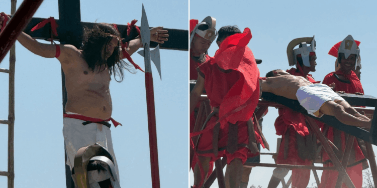 Catholic devotee marks Good Friday by being nailed to a cross during brutal crucifixion re-enactment