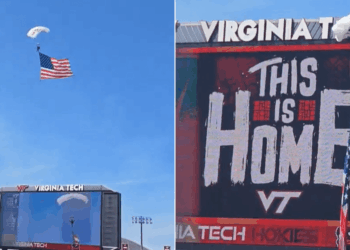 Parachuter CRASHES into scoreboard — delaying Virginia Tech game for over an hour