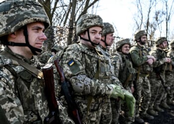 Ukrainian Armed Forces recruits standing in line