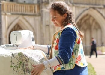 Artist uses pedal power to sew scene of Winchester Cathedral
