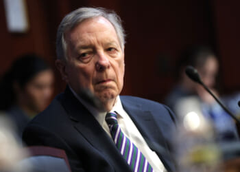 Sen. Dick Durbin looks to his right during a Senate hearing.