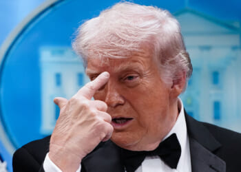 President Donald Trump in a tuxedo discusses leftist political violence