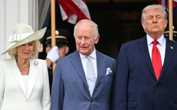 Donald Trump, Britain's King Charles III and Queen Camilla attend an arrival ceremony on the South Lawn of the White House