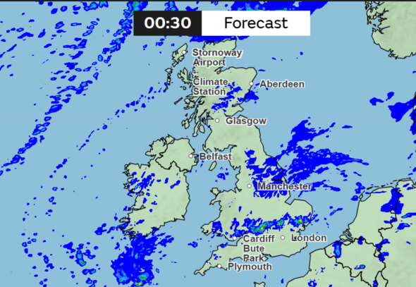 Met Office UK rain forecast map showing showers across England, Wales and Scotland on Bank Holiday Monday