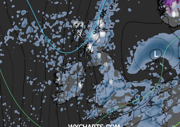 UK weather map showing snow