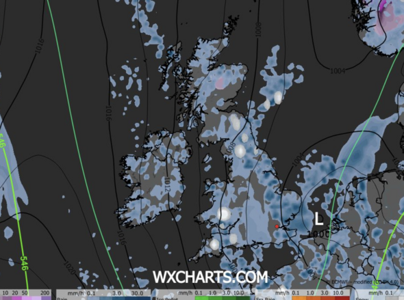 UK weather map showing snow