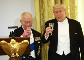 King Charles and President Donald Trump in white-tie raise a toast.