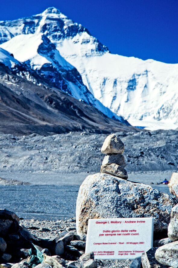 Commemorative plaque in honor of George Mallory and Andrew Irvine, the first base camp of the Mount Everest's North Face in Tibet